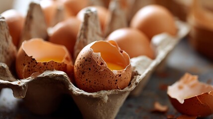 Cracked Eggs in Carton Ready for Cooking or Baking Preparation