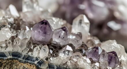 Captivating close-up of raw amethyst crystals, showcasing a beautiful cluster of vibrant purple points growing naturally on a mineral matrix, revealing intricate geological textures