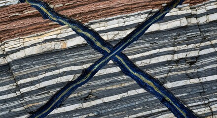 Abstract geological rock formation with intersecting lines, a close-up texture