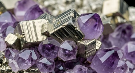Close-up of sparkling amethyst and pyrite crystals, showcasing natural beauty and geological wonders