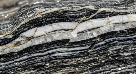 Abstract close-up of banded rock layers Black, white, and gray geological patterns