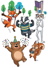 Obraz premium Set of cute cartoon woodland animal characters having fun.