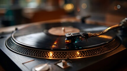 Vinyl Record Player Spinning with Stylus on Black Lp in Dim Lighting