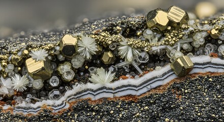 Detailed macro view of pyrite crystals and mineral formations on a rocky surface, geology concept