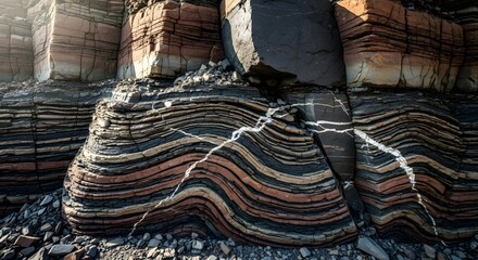 Stunning natural patterns of ancient sedimentary rock layers exposed by coastal erosion, featuring colorful strata and intricate geological formations