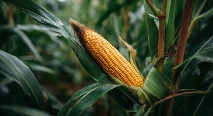 Vibrant photo of a ripe ear of corn growing on the stalk in a lush field