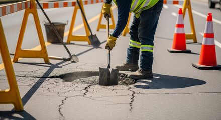 Road worker shovels asphalt into pothole, fixing city street with safety cones