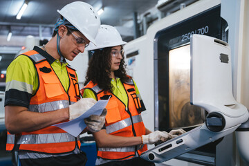 Experienced engineer in safety gear collaborating to operate and inspect a high-tech CNC machine...