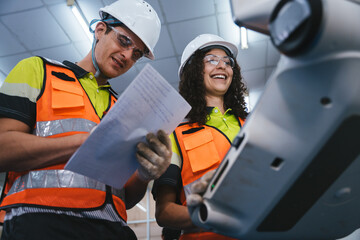 Experienced engineer in safety gear collaborating to operate and inspect a high-tech CNC machine...