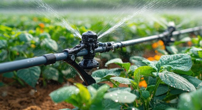 Vibrant photo of a lush green field with an irrigation system watering crops - Powered by Adobe