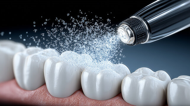 Professional air polishing on teeth illustrating dental cleaning, plaque removal and preventive oral care at the clinic.
