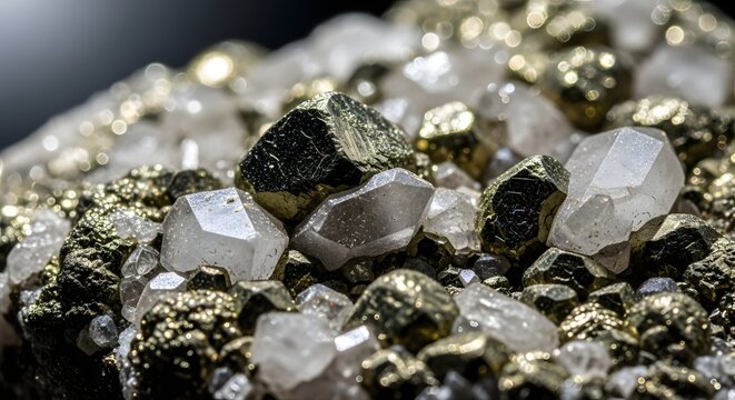 Crystals of Pyrite and Quartz Minerals in Natural Sunlight