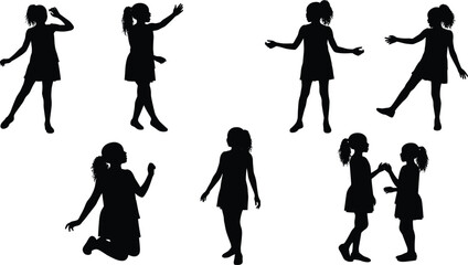 Children silhouettes in various poses, standing, walking, kneeling, gesturing, playful activity, ponytail girl, childhood motion, human body movement, interaction, education