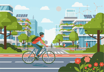 Naklejka premium A cyclist rides on a designated bike lane in a modern, eco-friendly city with green buildings, solar panels, wind turbines, and pedestrians.