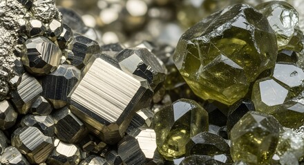Close-up of brilliant natural mineral crystals, showcasing metallic pyrite cubes and other raw geological formations, highlighting Earth's intrinsic beauty