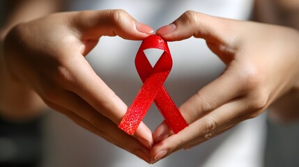 Female hands gently hold a bright red awareness ribbon in a heart shape against a softly lit background.