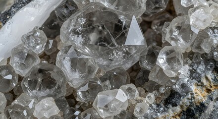 A stunning macro photograph of a cluster of clear, raw, uncut diamond crystals showing their natural geometric faceted formation on a rock
