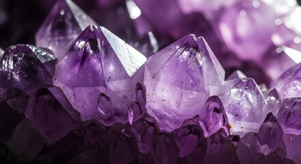 Close-up shot of a cluster of purple amethyst crystals, showcasing their beauty and natural formations