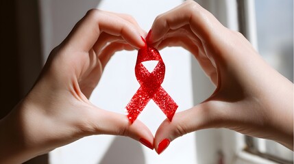 Female hands form heart shape around sparkling red awareness ribbon
