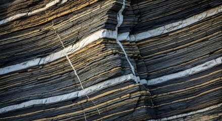 Detailed texture of layered sedimentary rock with intersecting white quartz veins creating a natural abstract pattern