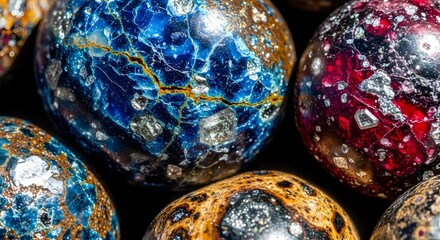 A vibrant macro photograph showcasing a collection of polished mineral spheres, highlighting their intricate blue, red, and brown patterns with shimmering metallic veins against a dark background