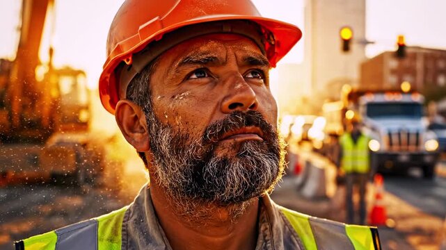 Construction worker looks up toward a setting sun, wearing a hard hat and safety vest