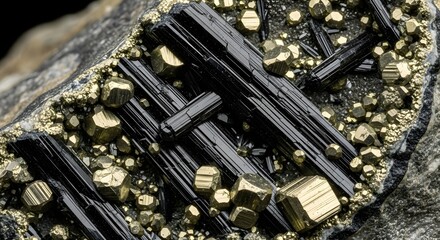 Close-up of golden pyrite crystals and black tourmaline crystals, a stunning geological display