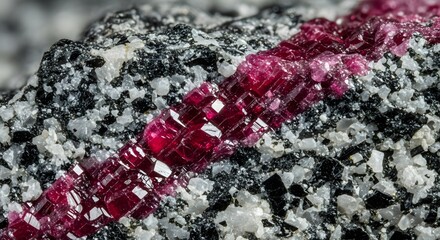 Stunning close-up of a natural raw ruby crystal vein, showcasing its vibrant red color and hexagonal structure embedded in a granite matrix rock