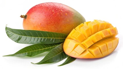 Fototapeta premium Sweet, fresh ripe mango with green leaf isolated on a white background for healthy tropical food and dessert