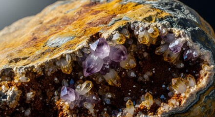 Close-up of Amethyst Crystals in a Geode, Showing Mineral Formation and Texture