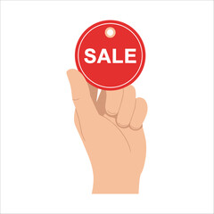 Hand Holding Red Sale Tag Discount Promotion Marketing with vector illustration