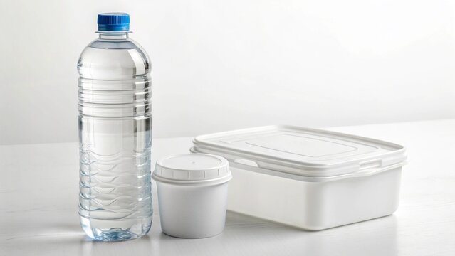 The image features transparent plastic bottles of water and glass bottles of milk against a white background
