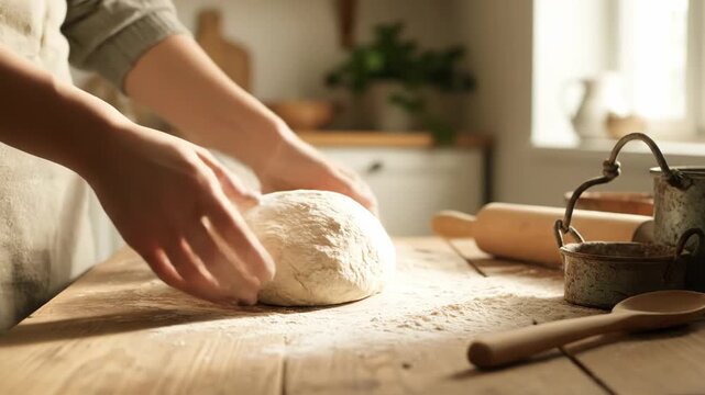 Hands kneading dough on a wooden table in a cozy kitchen with baking tools and natural light