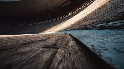 Wood Surface of a Velodrome with Curved Track Under Natural Light Creating Warm Shadows and Textures for Sports or Architecture Themes