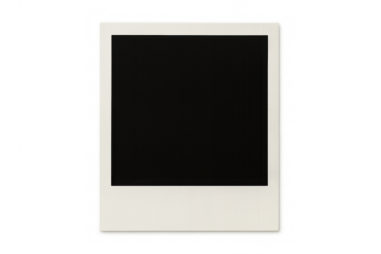 Instant film frame displaying empty black space for content, featuring a classic white border and transparent background