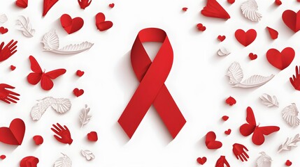 Prominent red awareness ribbon centered among scattered paper cutout symbols of love and support on a white background