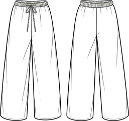 Wide leg pants fashion flat, technical illustration garment sketch, elastic waistband drawstring trousers, apparel design template, clothing vector outline, unisex casual wear fashion design