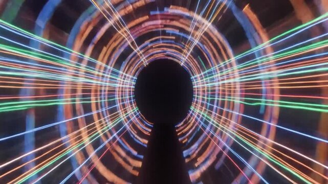 Tunnel of vibrant concentric light rings and parallel lines converging towards a dark opening with a central dark pointed structure extending from the foreground