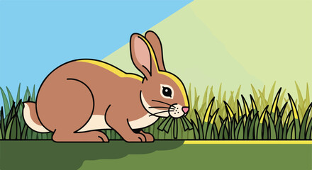 Fototapeta premium Cartoon bunny eating grass in a field