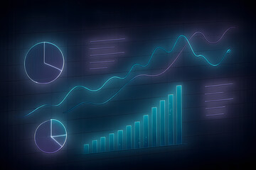 Digital business analytics concept with glowing neon financial data charts and graphs on a dark background