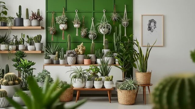 Indoor garden with cacti, succulents, plants, shelves, hanging baskets