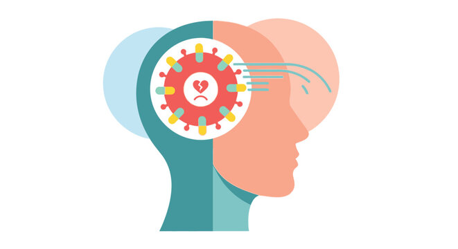Mental health concept with a virus symbol and broken heart inside a human head silhouette