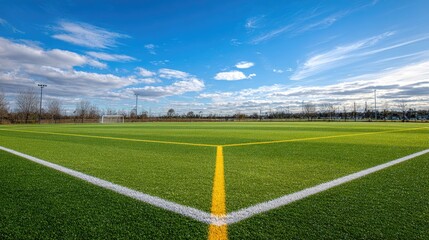 Obraz premium Expansive View of a Brightly Lit Artificial Soccer Field with Green Turf and Clear Blue Sky Prepared for an Exciting Game Day Experience