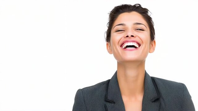 Joyful woman laughing with head tilted back business jacket expressing happiness and confidence smiling woman laughing with open mouth business