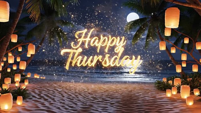 A beach scene at night, with palm trees, lanterns, sand, and "Happy Thursday" in illuminated text