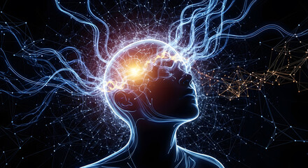 Conceptual illustration of human mind power and glowing neural network connections