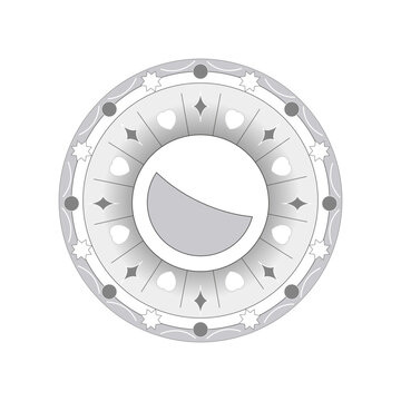 Abstract silver circular emblem with decorative hearts, stars, and glowing radial elements. Minimalist mystical mandala-style design with soft gradients and clean geometric symmetry.