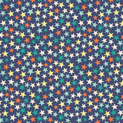 Vibrant multicolored star pattern on navy blue background with orange yellow teal accents