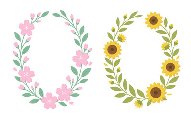 Floral wreath frame set cherry blossom sunflower cartoon