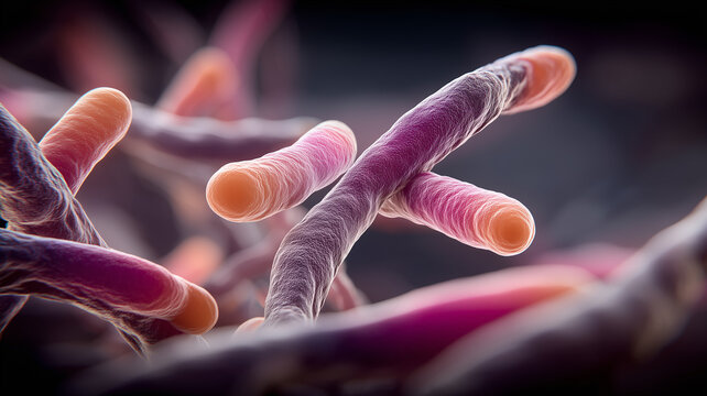 Filamentous bacteria forming branching network, illustrating biofilm complexity and chronic infection persistence.
